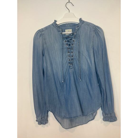 American Eagle Woman’s Chambrey Lace Up Top Small Boho Preppy - Picture 4 of 7